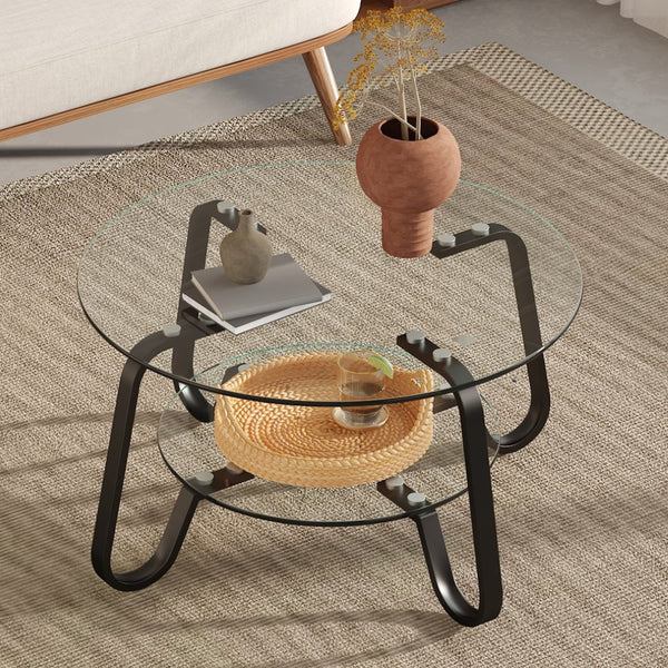 English Elm New Retro Minimalist Square Coffee Table Metal Frame Dual Tempered Glass Tiers W3226P295268