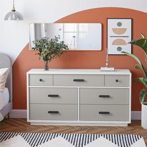 English Elm Valencia Seven Drawer Wide Dresser Dual Tone Laminate Matte Black Pulls Bedroom B2733S00020