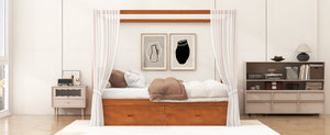 English Elm Wooden Canopy Queen Bed Solid Frame with Built-in Storage Drawers Slatted Base Walnut N7090005037L