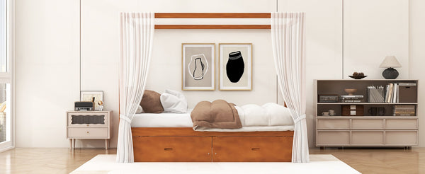 English Elm Wooden Canopy Queen Bed Solid Frame with Built-in Storage Drawers Slatted Base Walnut N7090005037L