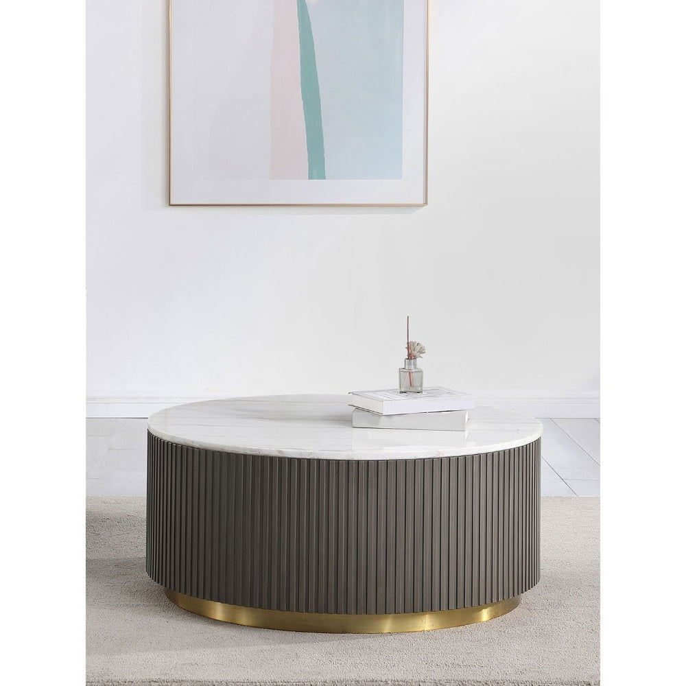 English Elm Sennewald Round Marble Top Coffee Table with Ribbed Base and Brushed Gold Accent B062P447674