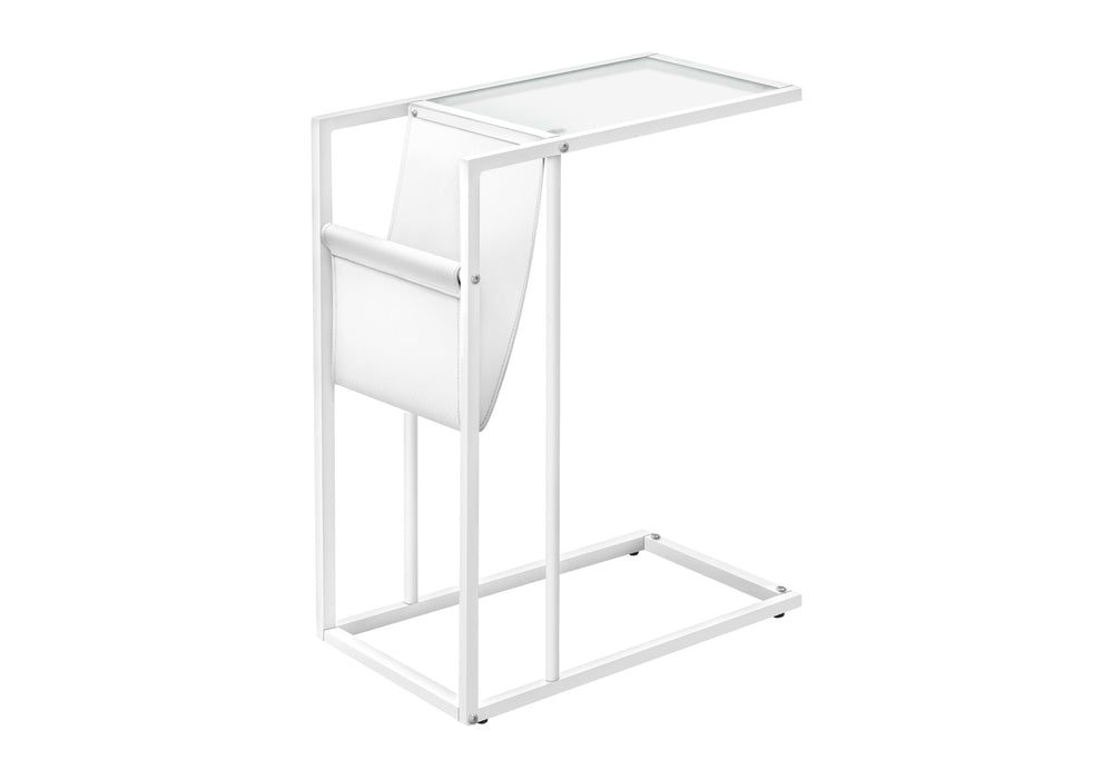 English Elm Accent C-Shape Side Table with Leather-Look Magazine Holder, Frosted Glass Top, White Metal Base B2710P219178