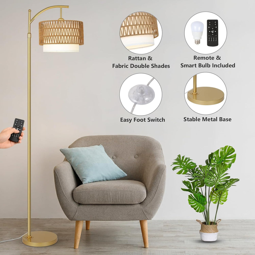 English Elm Gold Boho Floor Lamp with Remote Dimmable LED, Dual Rattan & Fabric Shades, Adjustable Arc Light Brown+Gold W2738P185403