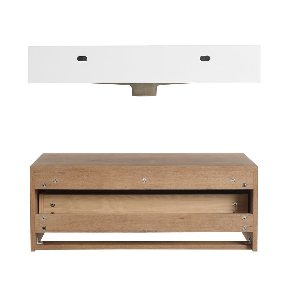English Elm 30 Inch Wall-Mounted Bathroom Vanity Set With Resin Sink, Soft-Close Drawers & Storage Cabinets W999S00268