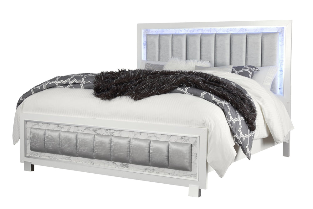 English Elm SKYE Marble White Full Bed with Padded LED Headboard, Faux Marble Panel, Solid Wood Frame — Sleek Luxury B201S00057