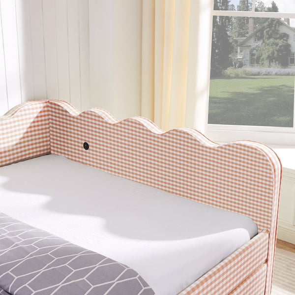 English Elm Queen Gingham Linen Daybed with Wave Backrest Two Storage Drawers and Usb Port Pink W1413S00150