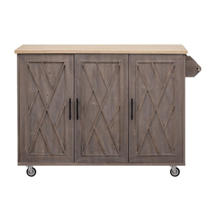 English Elm K&K Farmhouse Kitchen Island with Geometric Twill Doors, ASH Bark Top, Drop Leaf & Lockable Wheels Brown N707P221444Z