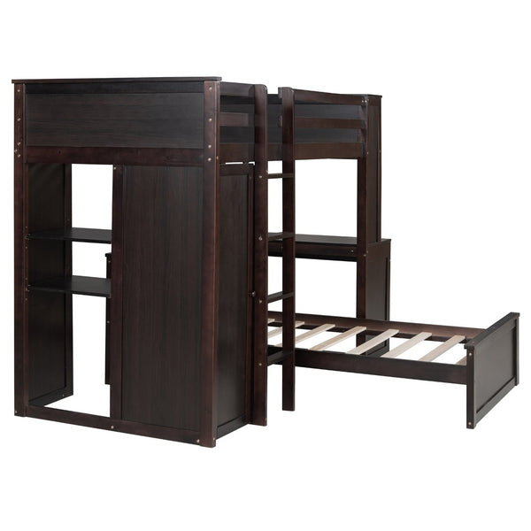 English Elm Twin Loft Bed System with Wardrobe Desk and Shelving for Kids Shared Bedroom Espresso LT000820AAP-1
