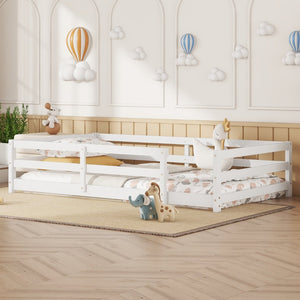 English Elm Twin Montessori Pine Floor Bed with Full Fence Rails for Kids Cozy Bedroom W1820P398987