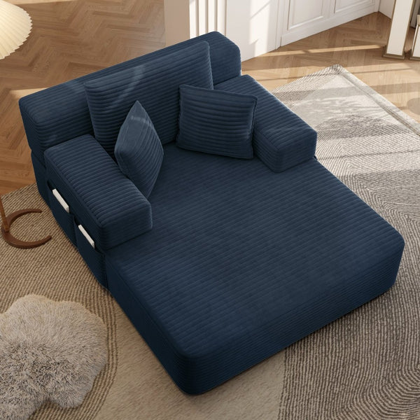 English Elm Luxurious Corduroy Convertible Chaise Lounge Sofa Bed with Storage and Coil Spring Foam Blue W3219P483087