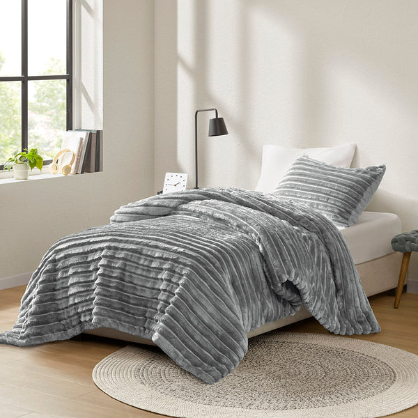 JLA Home Intelligent Design - Fluffy Premium Ribbed Plush Comforter Set — 300gsm Oeko‑Tex Cozy Loft, Smooth Reverse, Ready-to-Use Gray AM10-0277