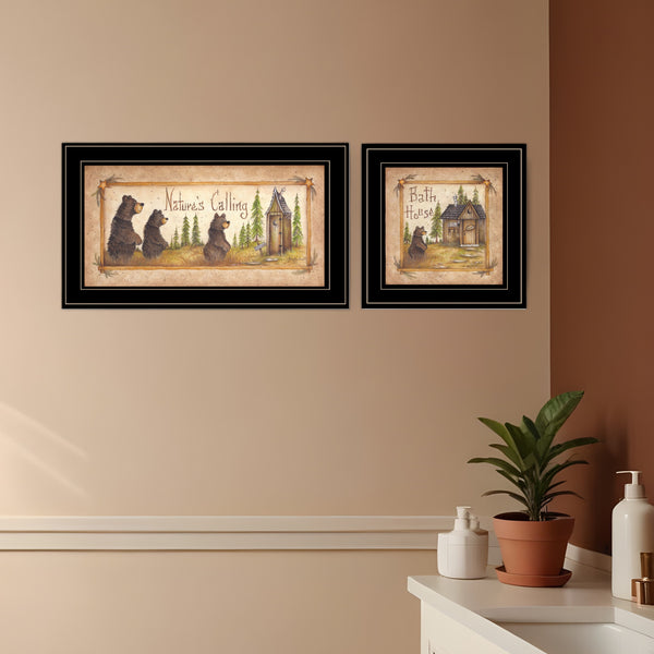 Homeroots Set Of Two Natures Or Bath 2 Black Framed Print Bathroom Wall Art  Wood Paper And Texture 406018