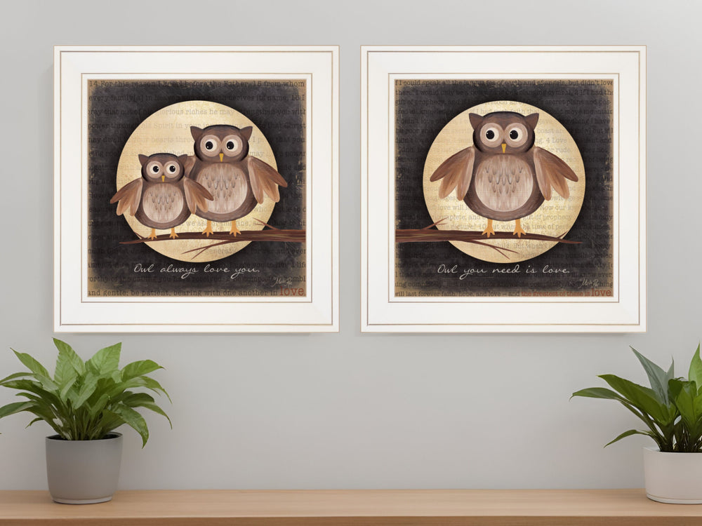 Homeroots Set Of Two Owl Always Love And Need You 1 White Framed Print Wall Art  Wood Paper And Texture 406021
