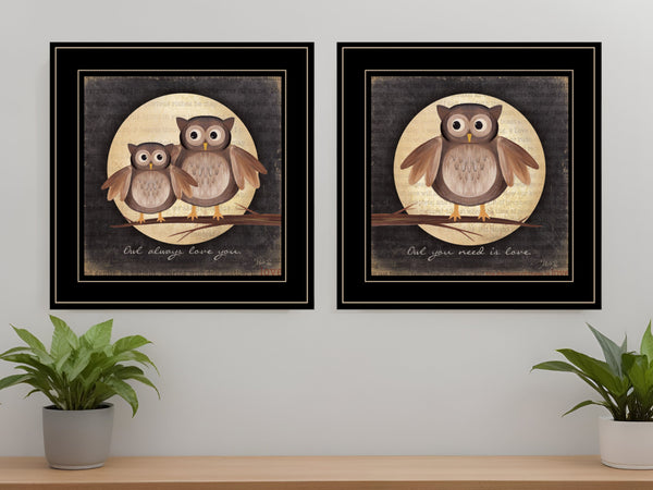 Homeroots Set Of Two Owl Always Love And Need You 2 Black Framed Print Wall Art  Wood Paper And Texture 406022