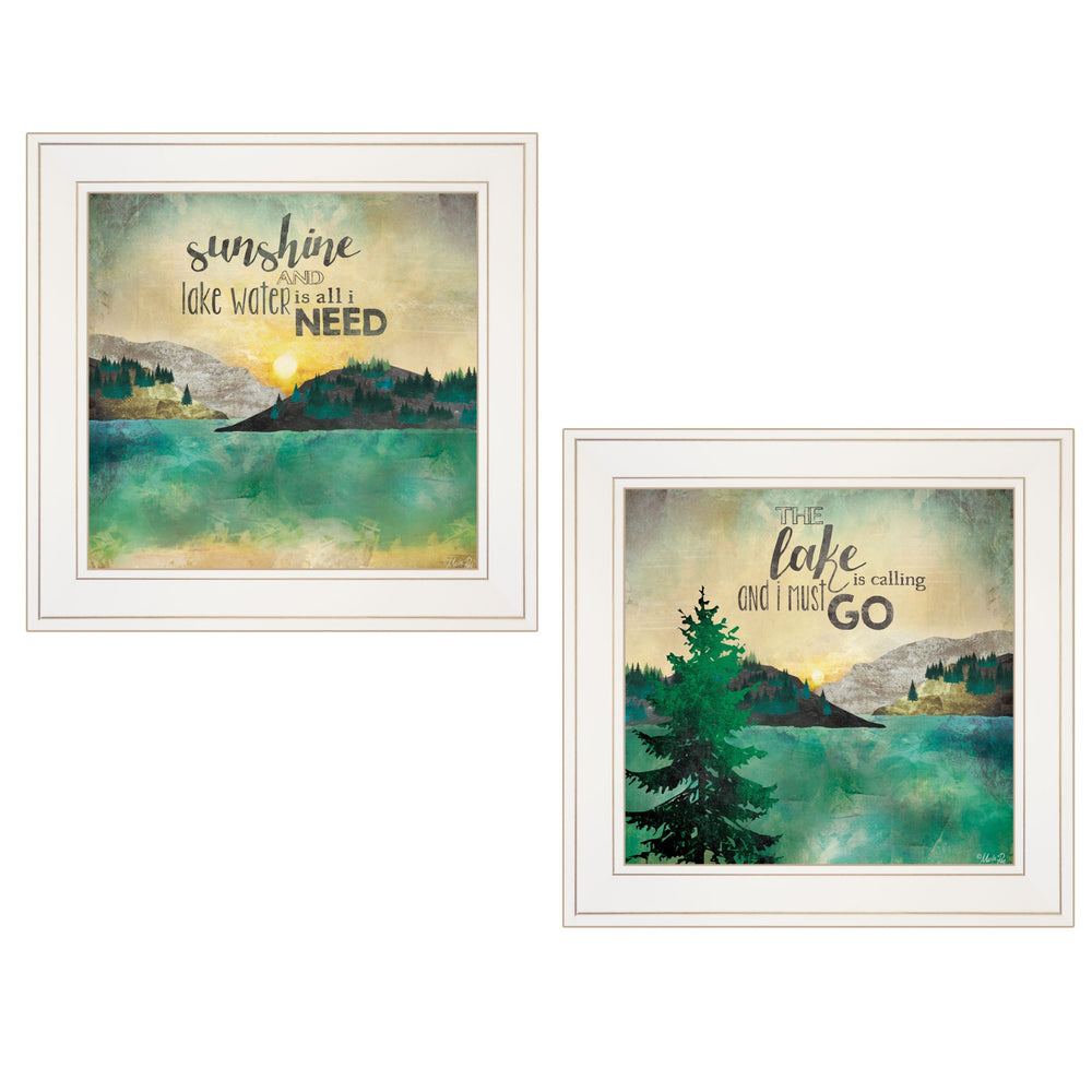 Homeroots Set Of Two Lake Or Sunshine 1 White Framed Print Wall Art  Wood Paper And Texture 406025