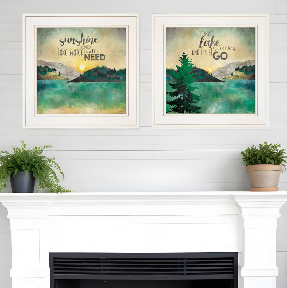 Homeroots Set Of Two Lake Or Sunshine 1 White Framed Print Wall Art  Wood Paper And Texture 406025