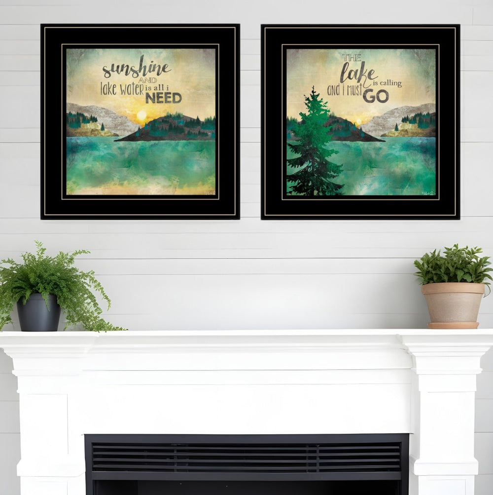 HomeRoots Set of Two Modern Black Framed Wall Art Prints – Serene Lake & Sunshine Decor for Stylish Spaces 406026