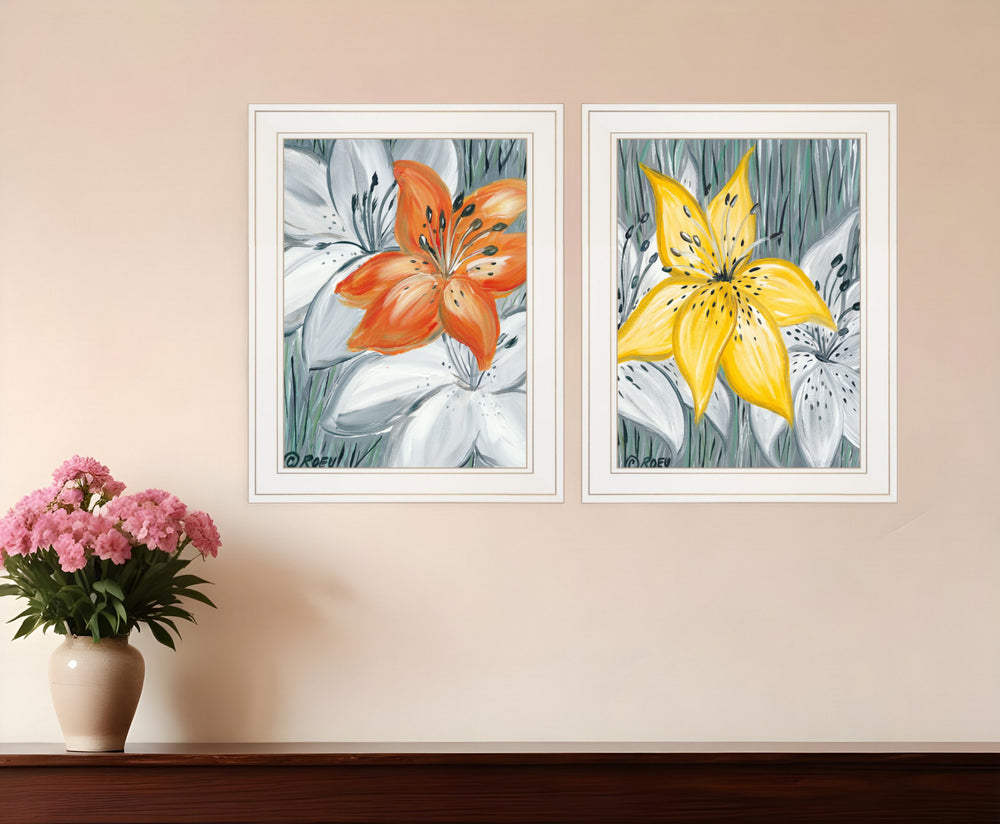 Homeroots Set Of Two Tiger Lilies 1 White Framed Print Wall Art  Wood Paper And Texture 406032