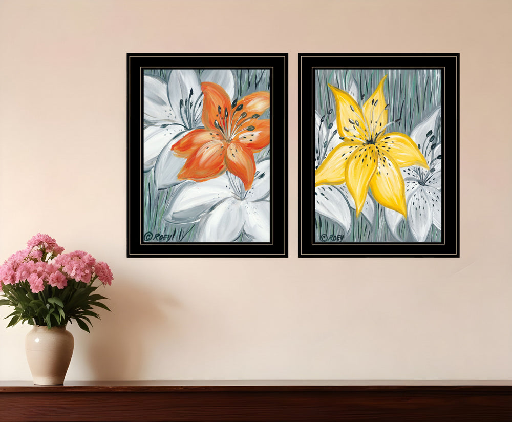 Homeroots Set Of Two Tiger Lilies 2 Black Framed Print Wall Art  Wood Paper And Texture 406033
