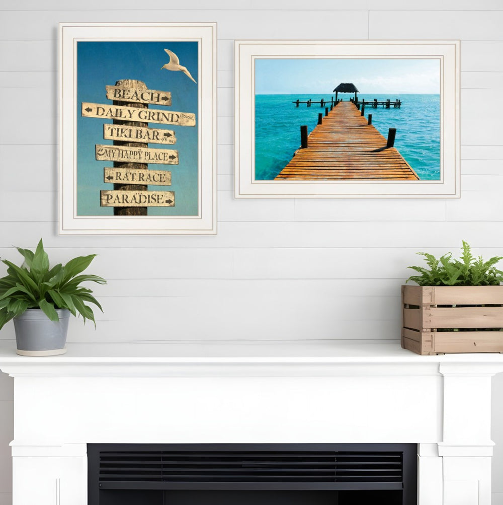HomeRoots Set of Two Coastal White Framed Beach Print Wall Art - Nautical Charm for Any Room Decor 406034