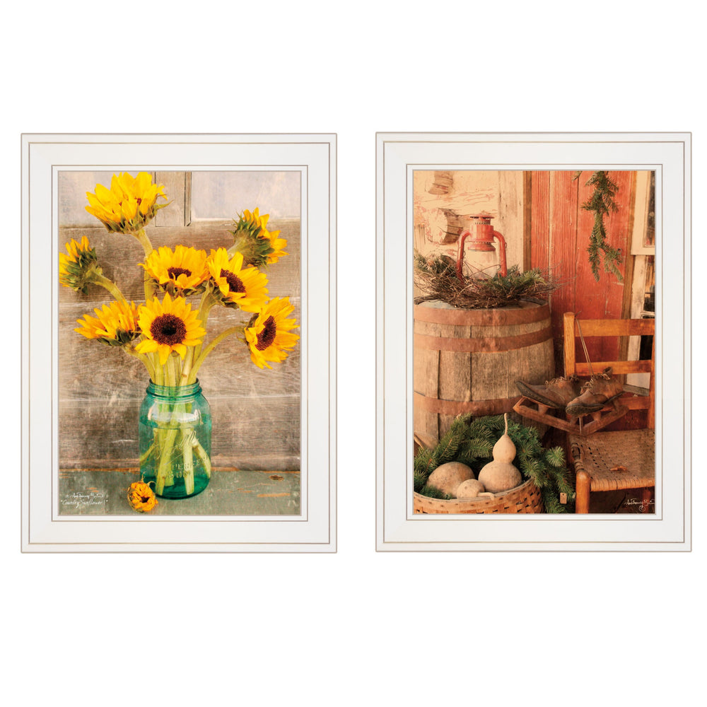 Homeroots Set Of Two Vintage Country And Sunflowers 1 White Framed Print Wall Art  Paper,Wood 406037