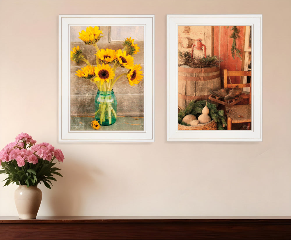 Homeroots Set Of Two Vintage Country And Sunflowers 1 White Framed Print Wall Art  Paper,Wood 406037