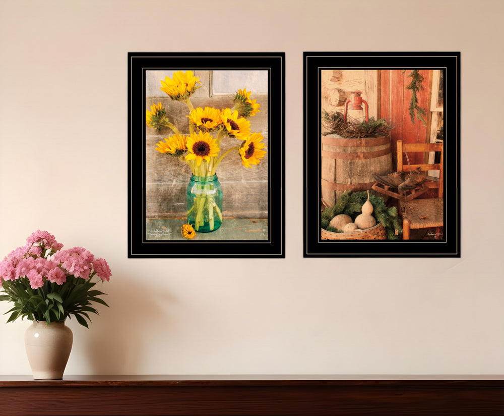 Homeroots Set Of Two Vintage Country And Sunflowers 2 Black Framed Print Wall Art  Paper,Wood 406038