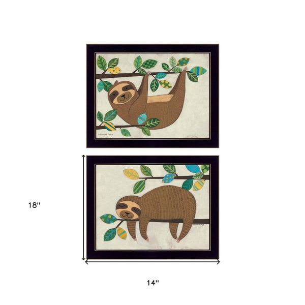 HomeRoots Set of Two Adorable Framed Sloth Prints - Modern Wall Art for Playful Home Decor and Style 406039