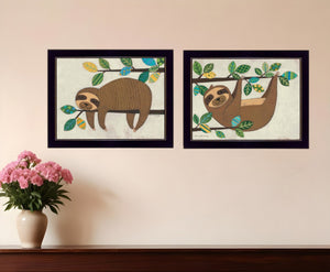 HomeRoots Set of Two Adorable Framed Sloth Prints - Modern Wall Art for Playful Home Decor and Style 406039