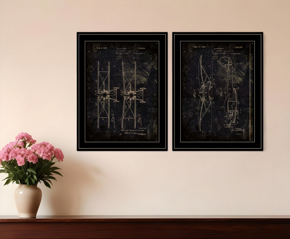 HomeRoots Set of Two Airplane Patent Prints in Black Frames – Vintage Wall Art for Home & Office Decor 406046
