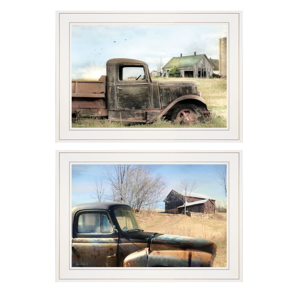 Homeroots Set Of Two Vintage Farm Trucks 1 White Framed Print Wall Art  Paper,Wood 406074