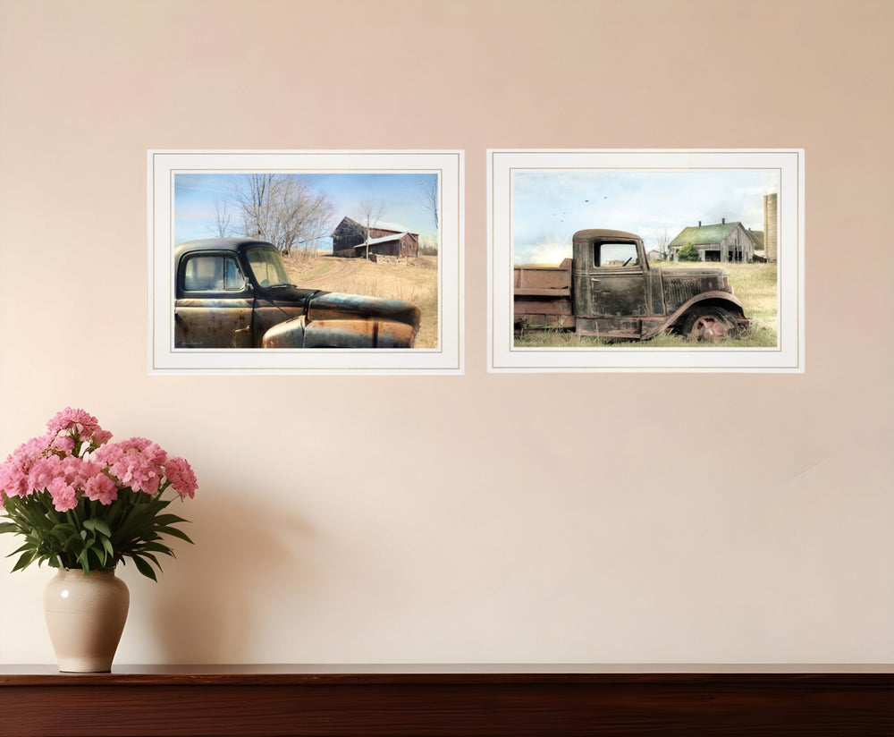 Homeroots Set Of Two Vintage Farm Trucks 1 White Framed Print Wall Art  Paper,Wood 406074