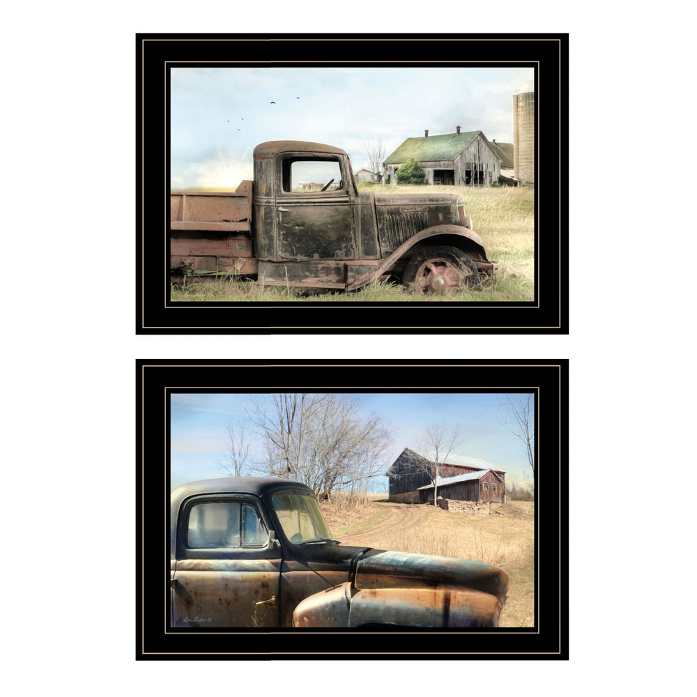 Homeroots Set Of Two Vintage Farm Trucks 2 Black Framed Print Wall Art  Paper,Wood 406075