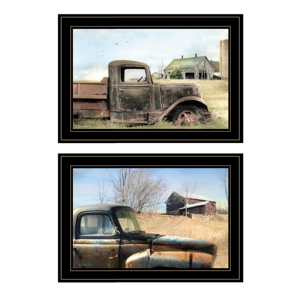 Homeroots Set Of Two Vintage Farm Trucks 2 Black Framed Print Wall Art  Paper,Wood 406075