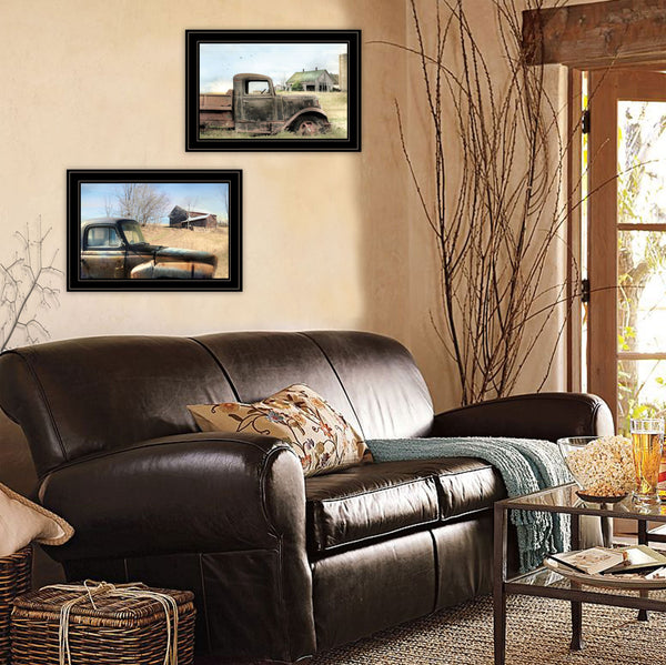 Homeroots Set Of Two Vintage Farm Trucks 2 Black Framed Print Wall Art  Paper,Wood 406075