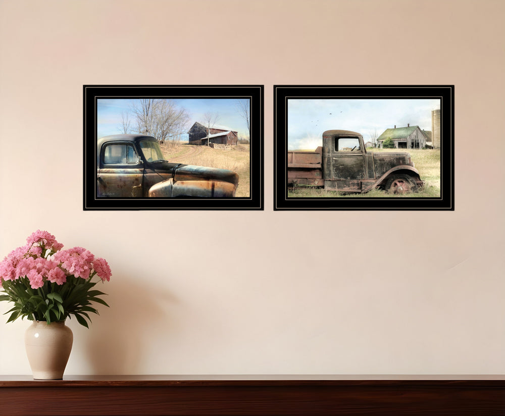 Homeroots Set Of Two Vintage Farm Trucks 2 Black Framed Print Wall Art  Paper,Wood 406075