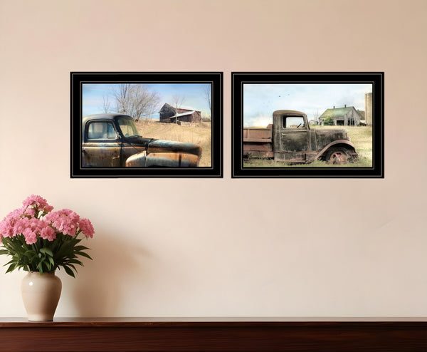 Homeroots Set Of Two Vintage Farm Trucks 2 Black Framed Print Wall Art  Paper,Wood 406075