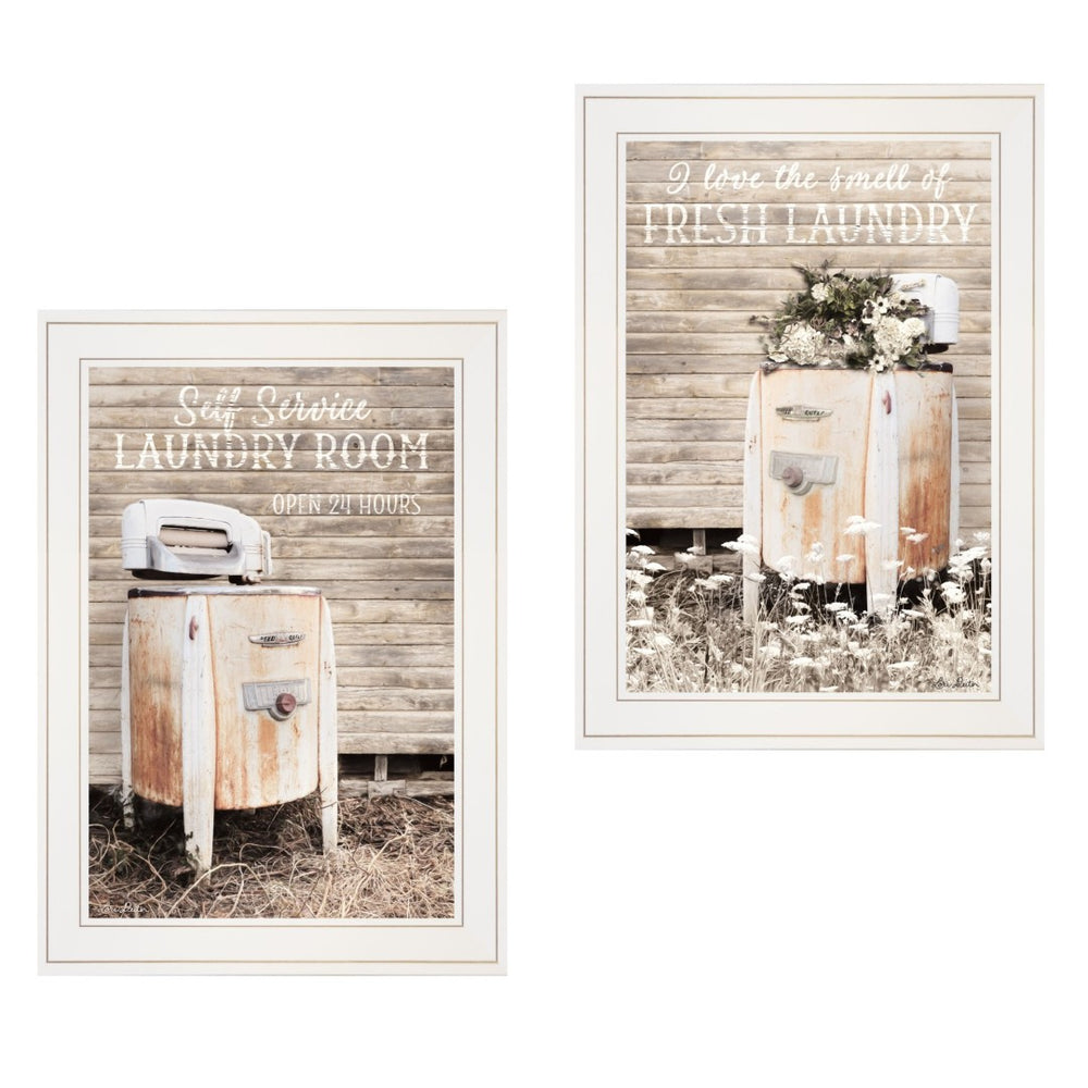 HomeRoots Set of Two Stylish Framed Prints for Laundry Room and Bathroom Décor – Modern Wall Art Accent White 406076
