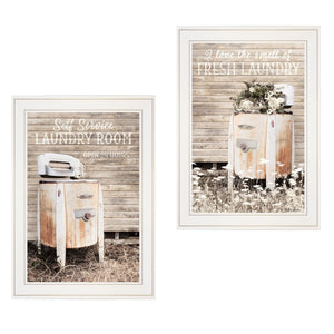 HomeRoots Set of Two Stylish Framed Prints for Laundry Room and Bathroom Décor – Modern Wall Art Accent White 406076