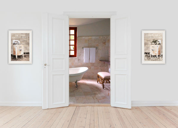 HomeRoots Set of Two Stylish Framed Prints for Laundry Room and Bathroom Décor – Modern Wall Art Accent White 406076