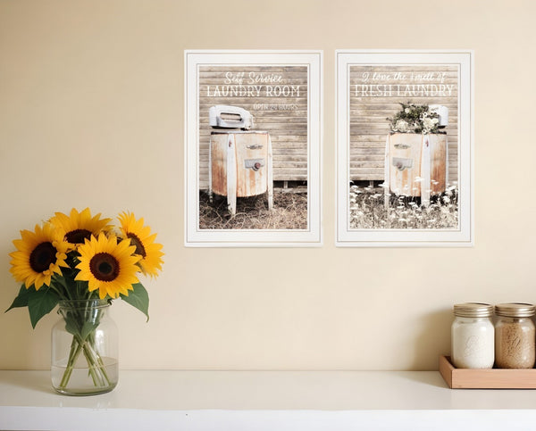 HomeRoots Set of Two Stylish Framed Prints for Laundry Room and Bathroom Décor – Modern Wall Art Accent White 406076