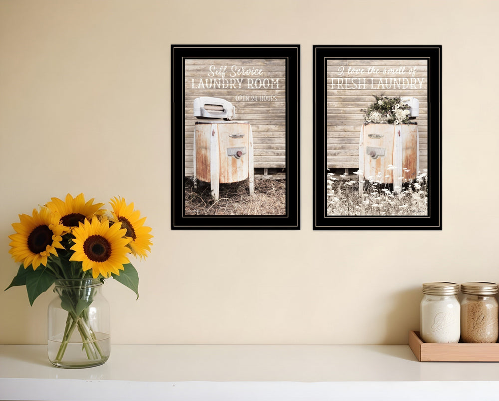 Homeroots Set Of Two Laundry Room 2 Black Framed Print Bathroom Wall Art  Paper,Wood 406077
