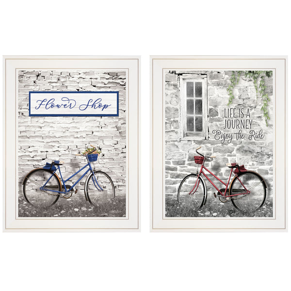 Homeroots Set Of Two Romantic Bicycles 1 White Framed Print Wall Art  Paper,Wood 406078