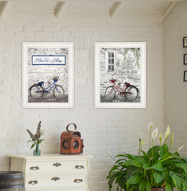 Homeroots Set Of Two Romantic Bicycles 1 White Framed Print Wall Art  Paper,Wood 406078
