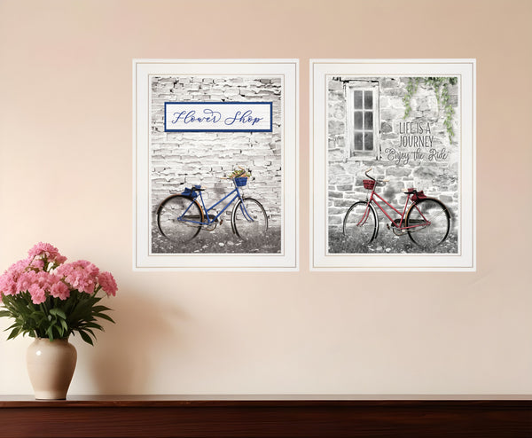 Homeroots Set Of Two Romantic Bicycles 1 White Framed Print Wall Art  Paper,Wood 406078