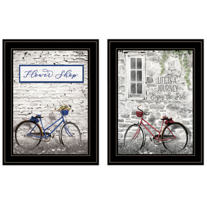 Homeroots Set Of Two Romantic Bicycles 2 Black Framed Print Wall Art Black And Gold Paper,Wood 406079