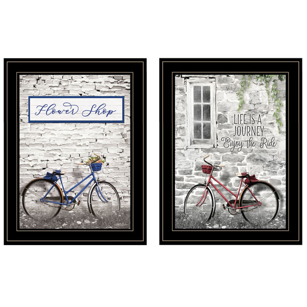 Homeroots Set Of Two Romantic Bicycles 2 Black Framed Print Wall Art Black And Gold Paper,Wood 406079