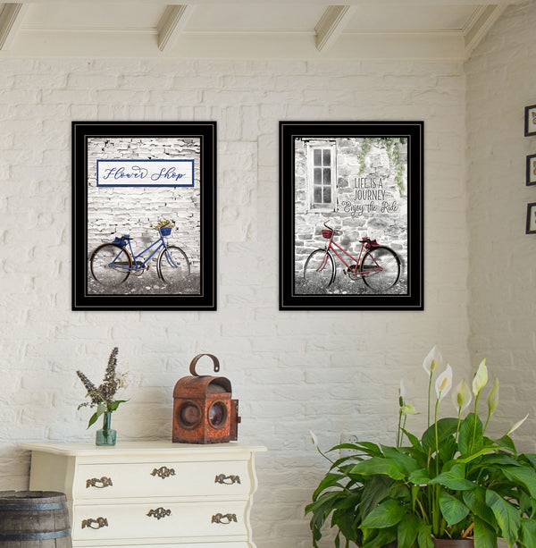Homeroots Set Of Two Romantic Bicycles 2 Black Framed Print Wall Art Black And Gold Paper,Wood 406079