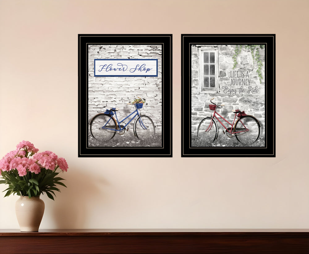 Homeroots Set Of Two Romantic Bicycles 2 Black Framed Print Wall Art Black And Gold Paper,Wood 406079