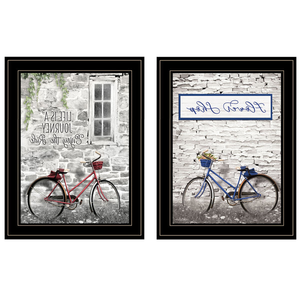 Homeroots Set Of Two Romantic Bicycles 2 Black Framed Print Wall Art Black And Gold Paper,Wood 406079